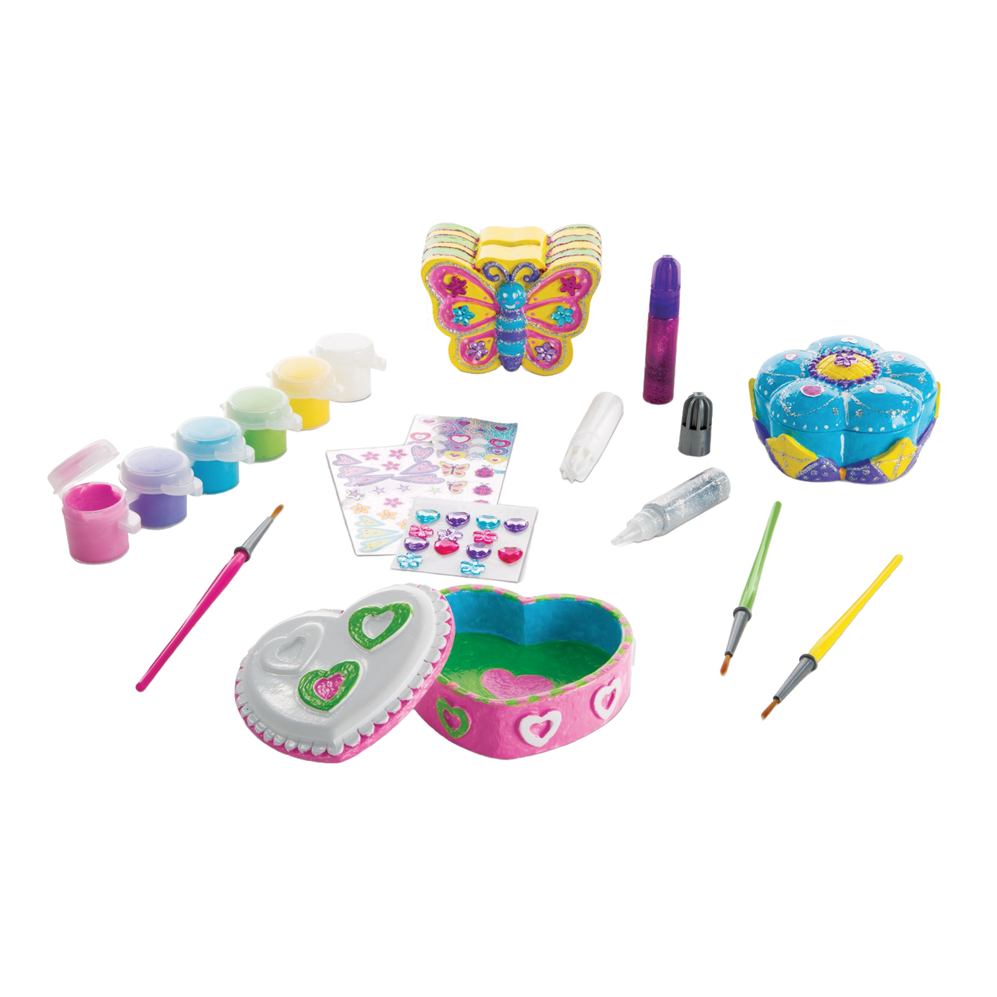 Unique decorate-your-own craft kit featuring three resin items including two treasure boxes and a butterfly bank, with paints, brushes, stickers, and glitter glue for arts and crafts indoor play in children's toys and best sellers.