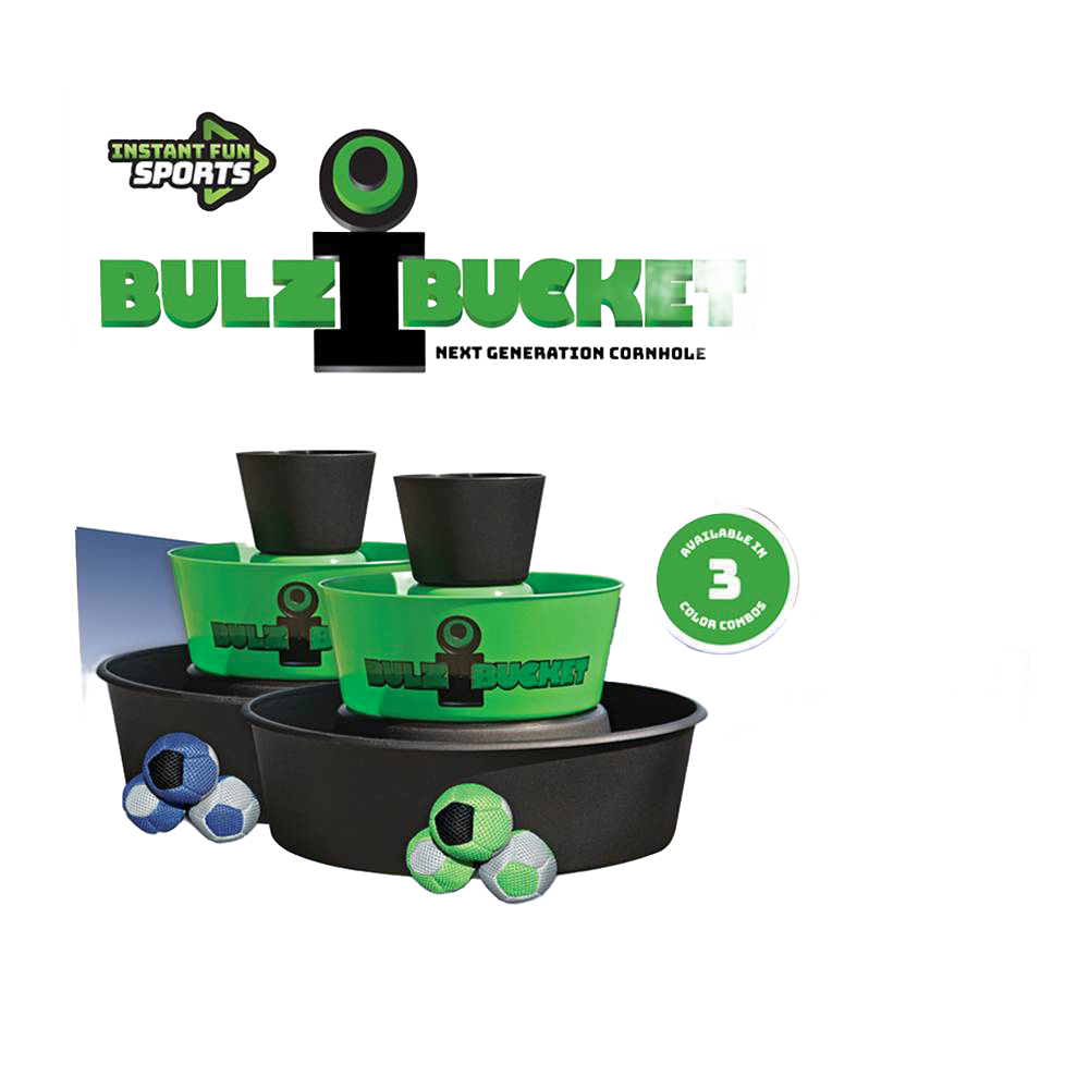 Set of two green and black lightweight buckets with matching soft balls and stackable cups, designed for fun indoor or outdoor play, featured in Toys, Books & Games and Lawn Games collections.