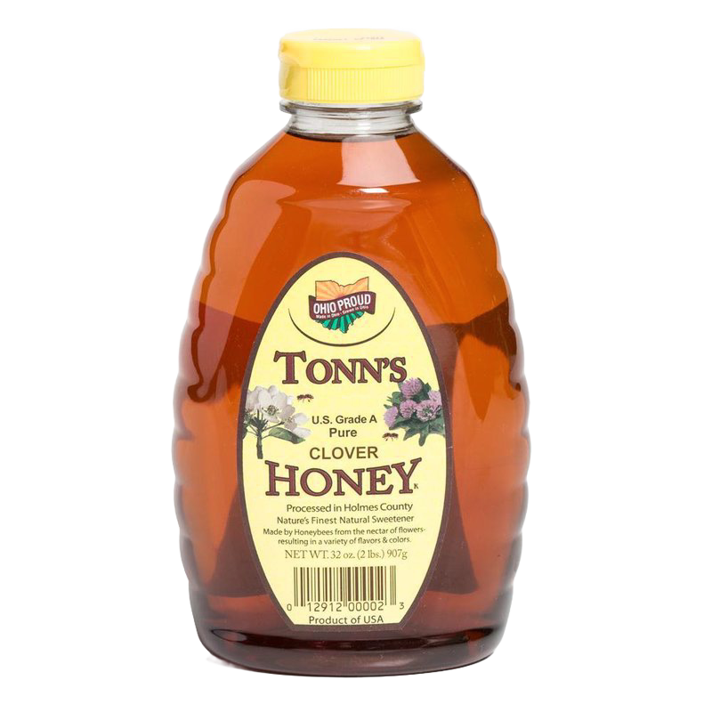 32 oz bottle of pure honey with amber color and yellow cap, featuring a label highlighting U.S. Grade A clover honey made in USA, ideal for Kitchen & Food and Pantry collections.