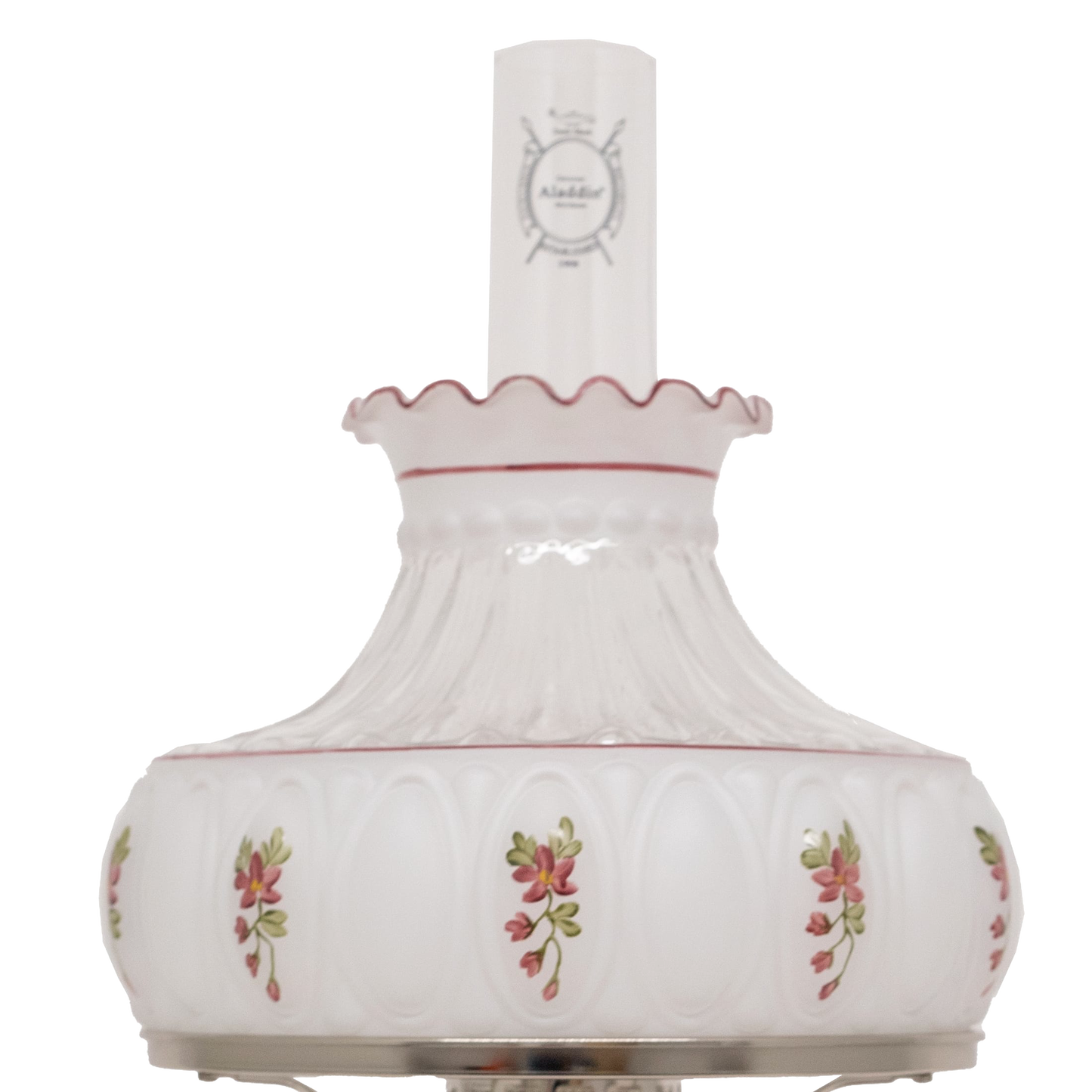 Handcrafted glass oil lamp font with delicate rose floral accents and a ruffled top edge, accompanied by a clear chimney embossed with logo, ideal for Farm, Garden & Tool, Lamps & Lighting, Oil Lamps, Table Lamps, Best Sellers, Homesteading, and Promo Eligible collections.