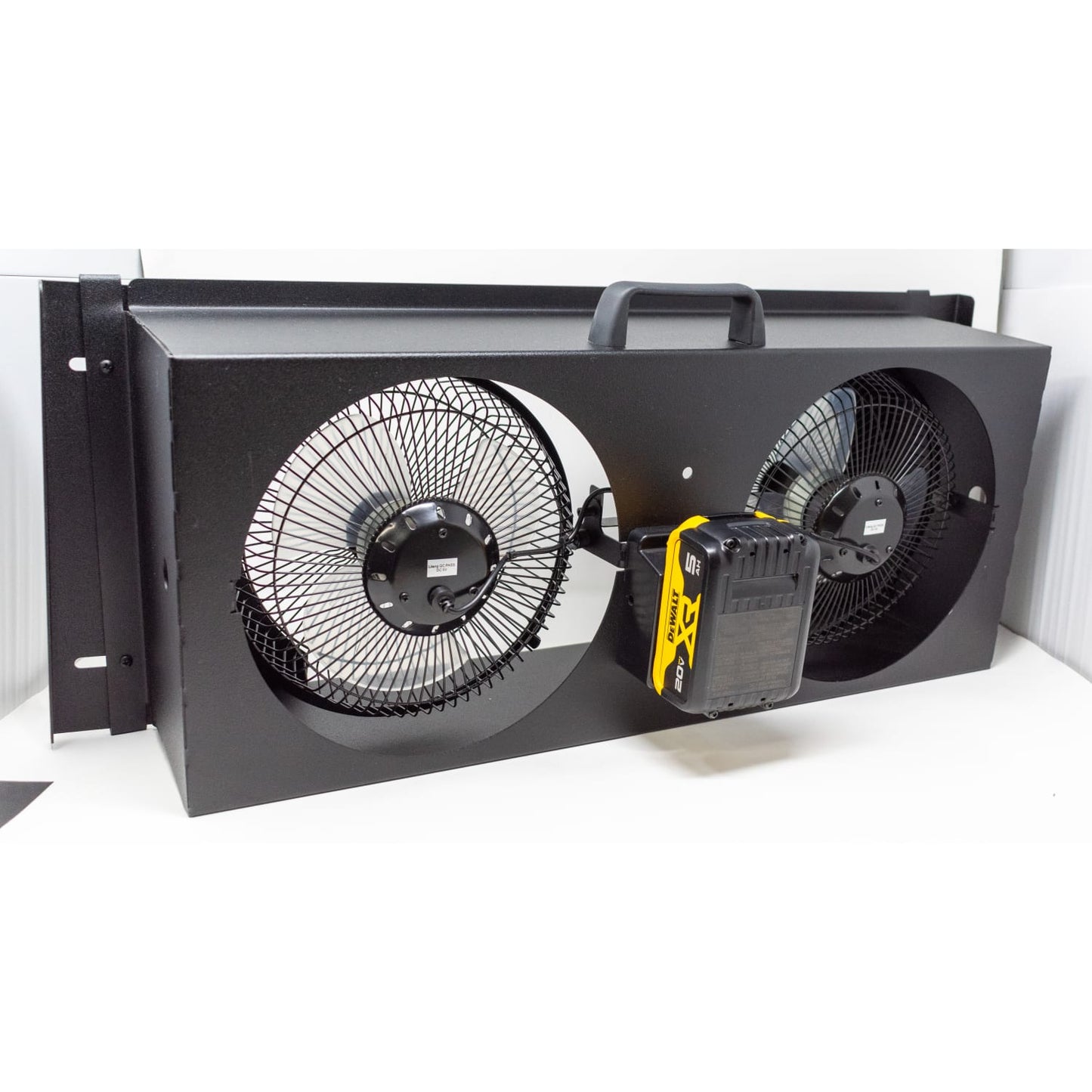 Battery-powered dual 9-inch fan unit in black metal housing with handle and Milwaukee battery attached, designed for efficient airflow in Home & Decor, Farm, Garden & Tool, Emergency Supplies, and Household Helpers collections.