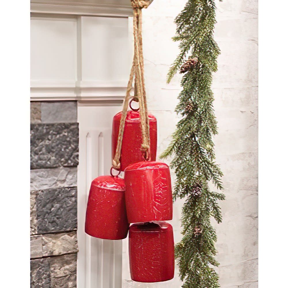 Unique handcrafted red metal cowbells suspended on rustic rope, creating a festive jingle, perfect for Home & Decor, Holiday Decor, Best Sellers, and Promo Eligible collections.