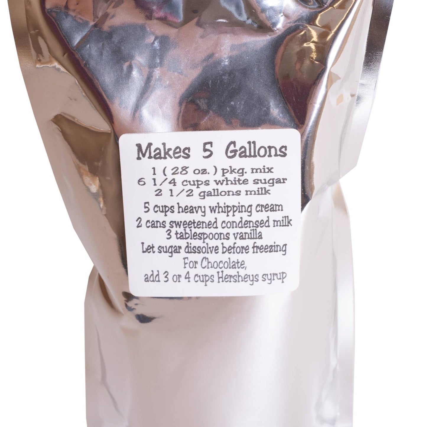 Shiny silver foil pouch containing powdered mix with handwritten recipe label for making 5 gallons of rich, creamy ice cream; featured in Kitchen & Food and USA Made collections.