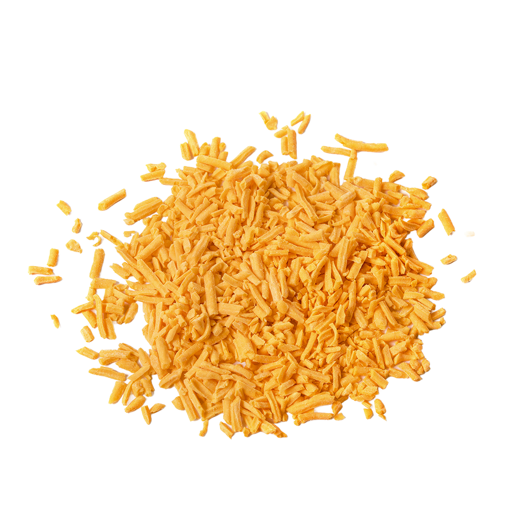 Pile of freeze-dried shredded sharp cheddar cheese in bright orange shade, ideal for long-term storage in emergency supplies, pantry, and kitchen food collections.