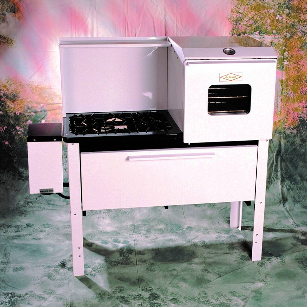 White Amish made kerosene cookstove with built-in oven, solid brass burners, and seamless ceramic chimneys, handcrafted in USA, featured in Stoves and Best Sellers collections.