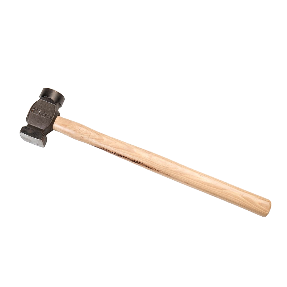 Steel farrier hammer with long wooden handle and balanced design, featuring rounding and square sides, ideal for farm tools, hand tools, and garden collections.