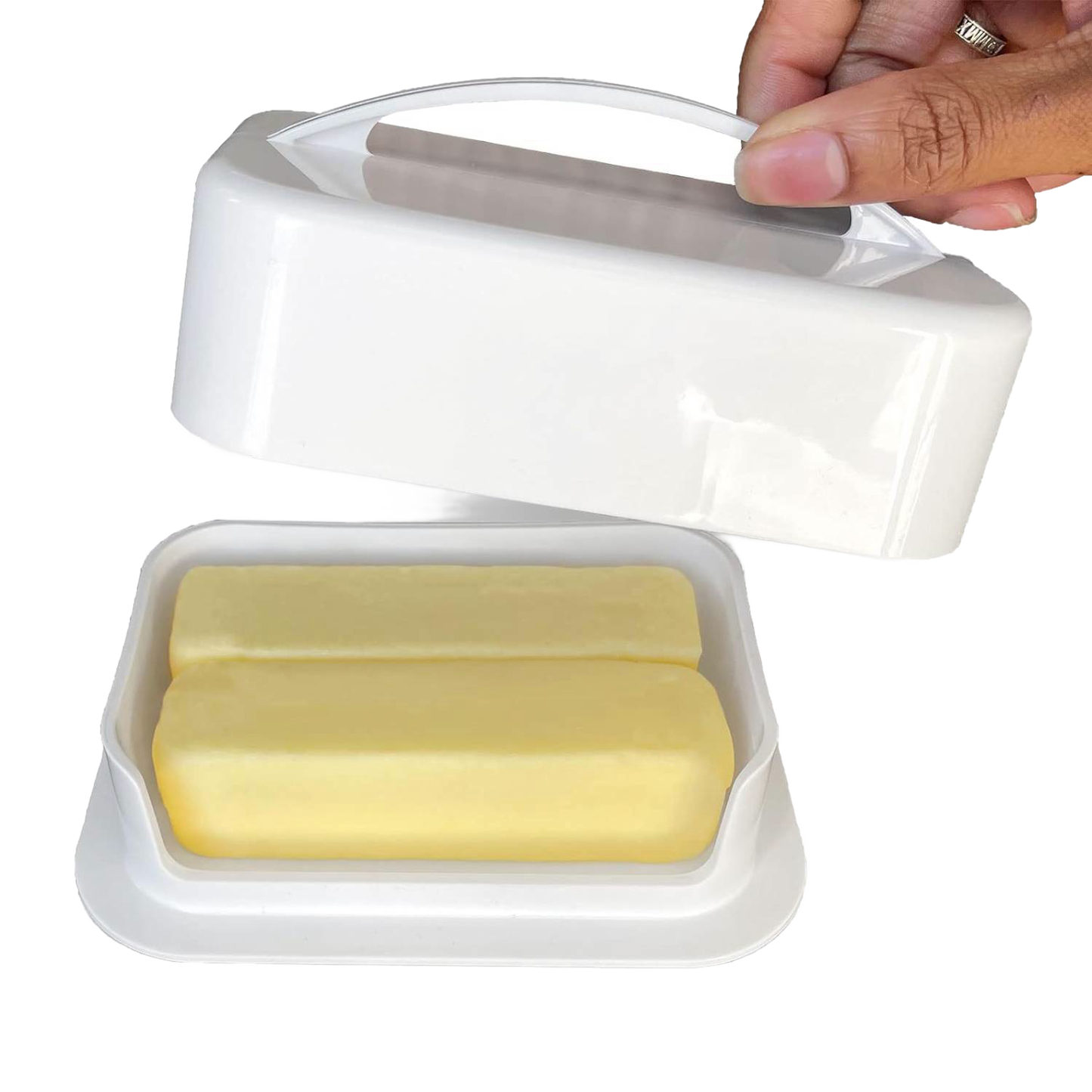 Handcrafted large butter dish with high sides to prevent mess, holding two sticks of soft butter, ideal for Kitchen & Food, Kitchen Gadgets, and Storage and Serving collections.