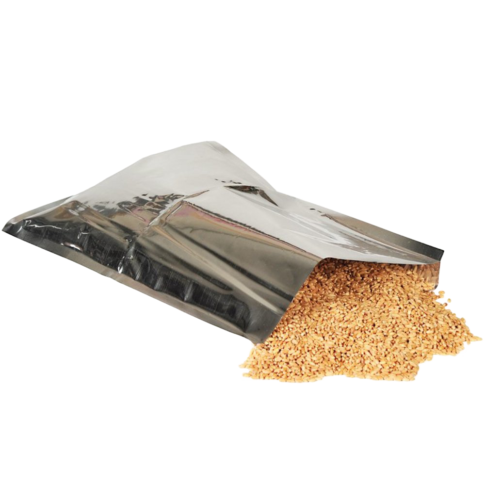 Pack of durable silver mylar bags with one open and filled with dry grains spilling out, designed for long-term food storage, ideal for Kitchen & Food, Grain Mills, and USA Made collections.