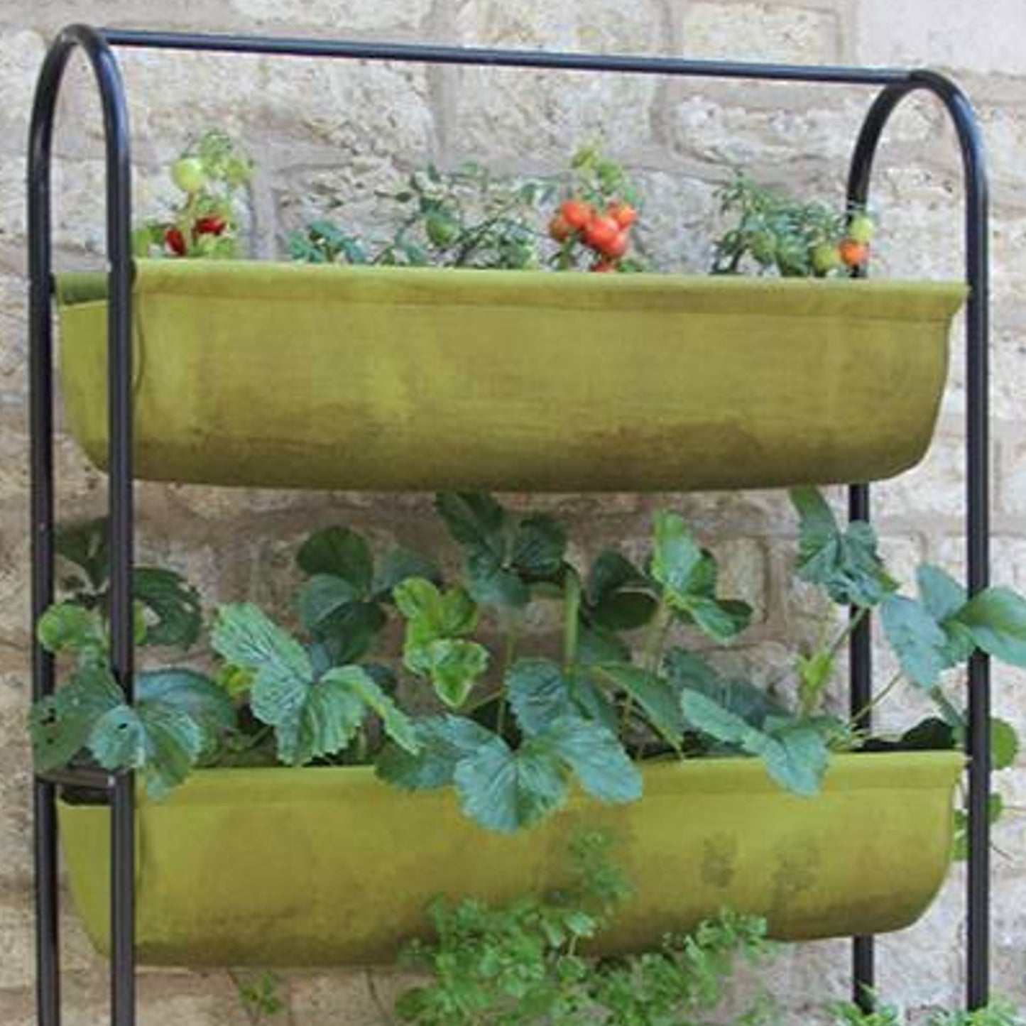 Two-tier fabric planter with sturdy black metal frame holding deep olive-green troughs growing tomatoes and leafy greens, ideal for Farm, Garden & Tool and Garden Accessories collections.
