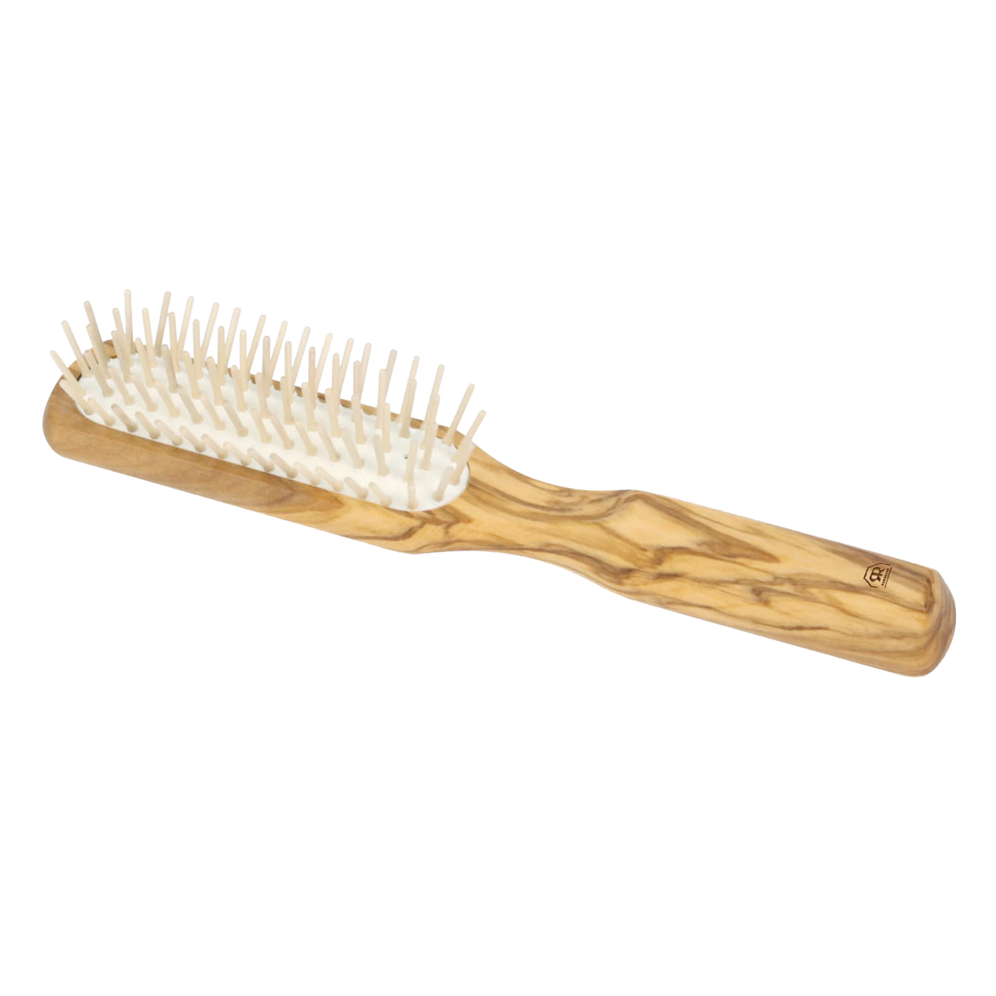 Handcrafted olive wood hairbrush with five rows of straight hornbeam pins, designed for gentle detangling and scalp comfort, featured in Health & Wellness and Grooming collections.