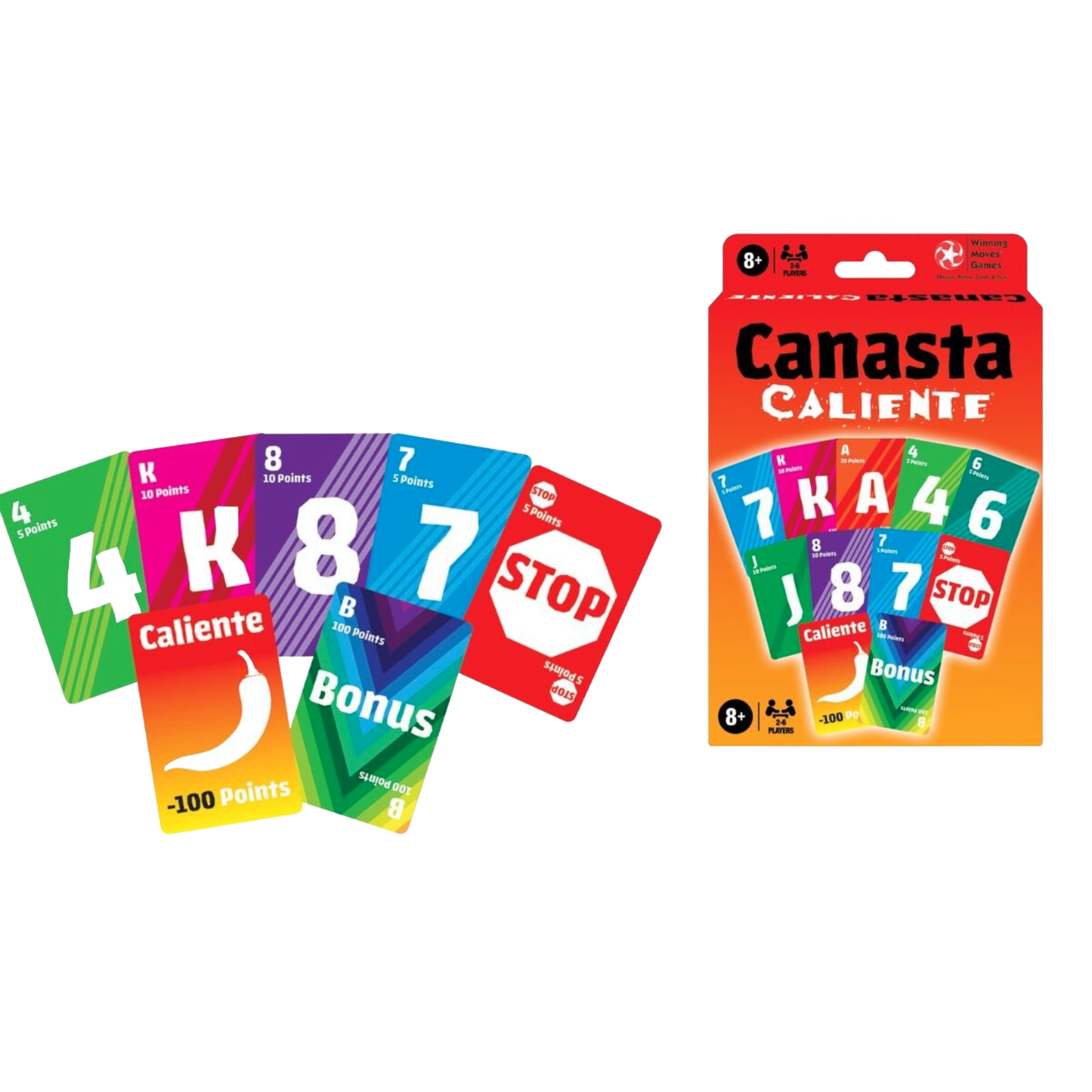Bright set of colorful Canasta Caliente playing cards including numbered, lettered, special Caliente and Bonus cards, packaged in a red box, perfect for Toys, Books & Games and family play.