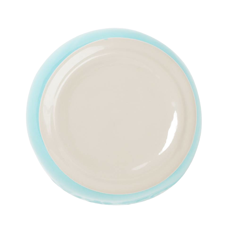 Round ceramic lid with smooth ivory center and light blue outer rim, designed as a durable accessory for kitchen and household helpers collections.
