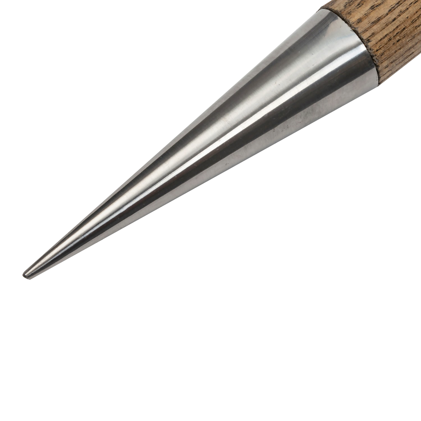 Close-up of a tapered mirror-polished stainless steel tip with a smooth wooden handle, handcrafted for making precise planting holes in Farm, Garden & Tool, Garden Accessories, and Seeds and Planting collections.