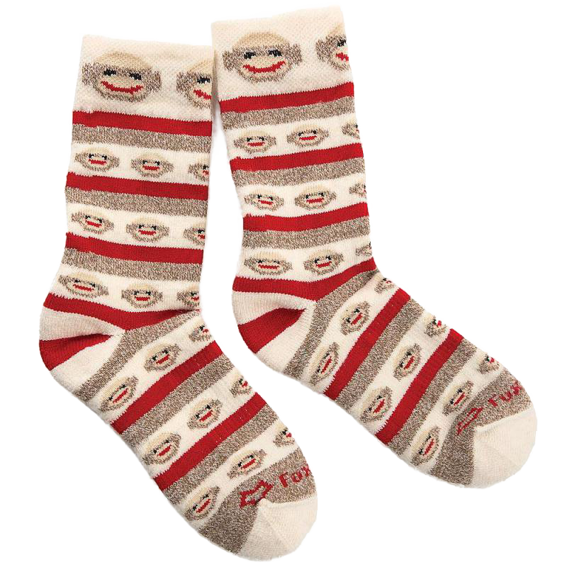 Pair of women’s socks featuring playful sock monkey faces and alternating red and brown stripes, made from a merino wool blend for warmth and comfort, ideal for Health & Wellness and Clothing and Accessories collections.