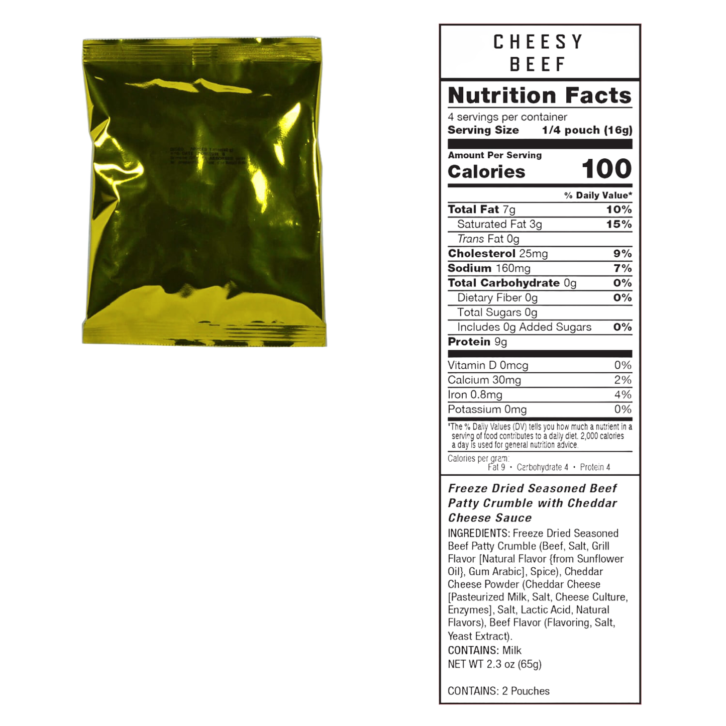 Gold metallic emergency food pouch with clear nutrition facts panel displaying 100 calories per serving, designed for long-term freeze-dried storage in emergency supplies, pantry, and USA Made collections.