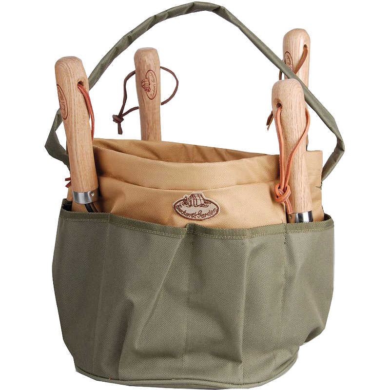 Durable canvas garden bucket with multiple exterior pockets holding wooden-handled gardening tools, designed for Farm, Garden & Tool, Garden Accessories, and Best Sellers collections.