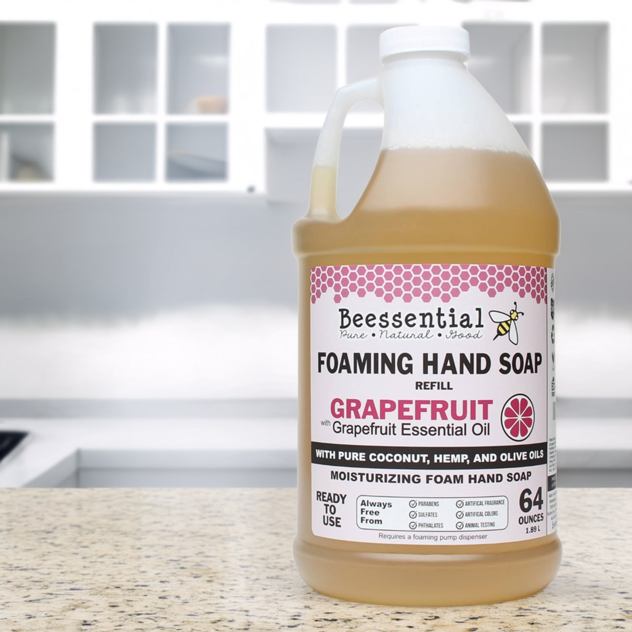 Handcrafted 64-ounce foaming hand soap refill with grapefruit essential oil, made in the USA with pure coconut, hemp, and olive oils, featured in Health & Wellness and Soaps collections.