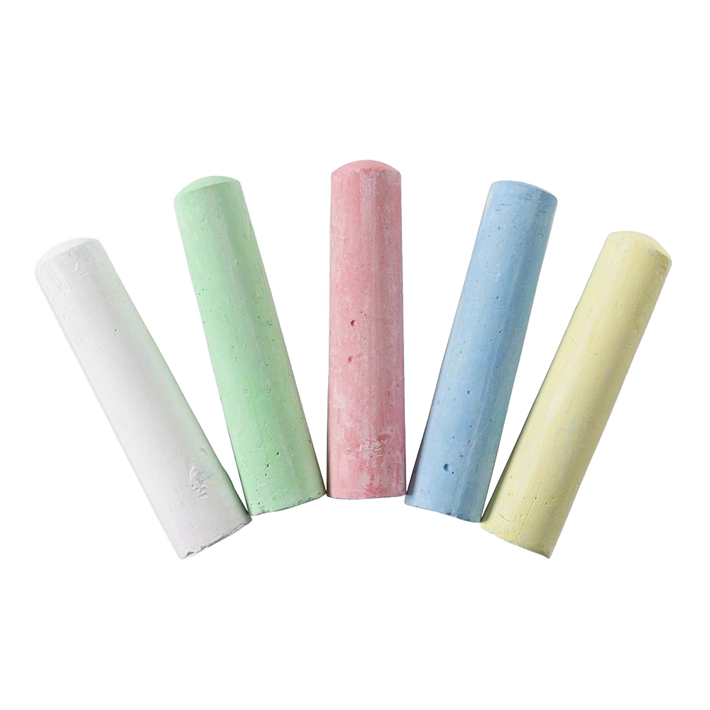 Five pastel-colored chalk sticks in white, green, pink, blue, and yellow, suitable for creative indoor play and educational activities in children's toys collections.