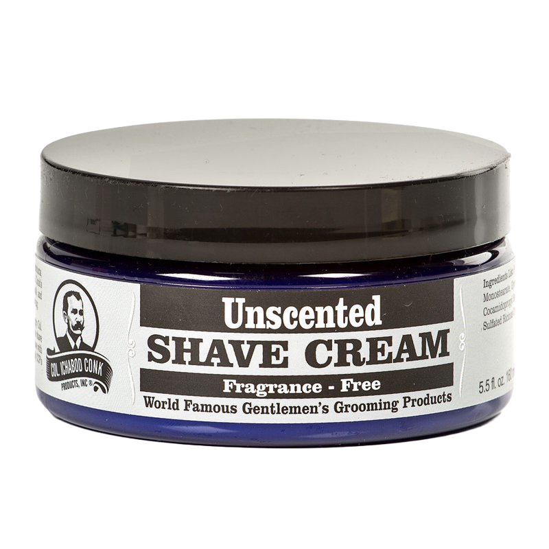 Blue glass jar of handcrafted unscented shave cream in a 5.5 fl oz container, made in USA, featured in Health & Wellness, Grooming and Personal Hygiene, and Best Sellers collections.