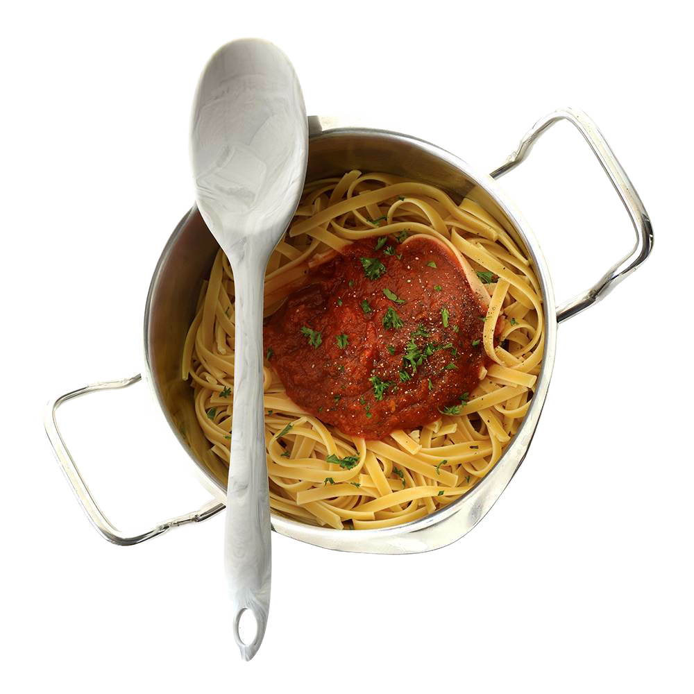 Marble-patterned flexible silicone spoon with steel core resting on a stainless steel pot of fettuccine pasta topped with marinara sauce and fresh herbs, ideal for Kitchen & Food, Cookware, Baking Supplies, Kitchen Gadgets, and Best Sellers collections.
