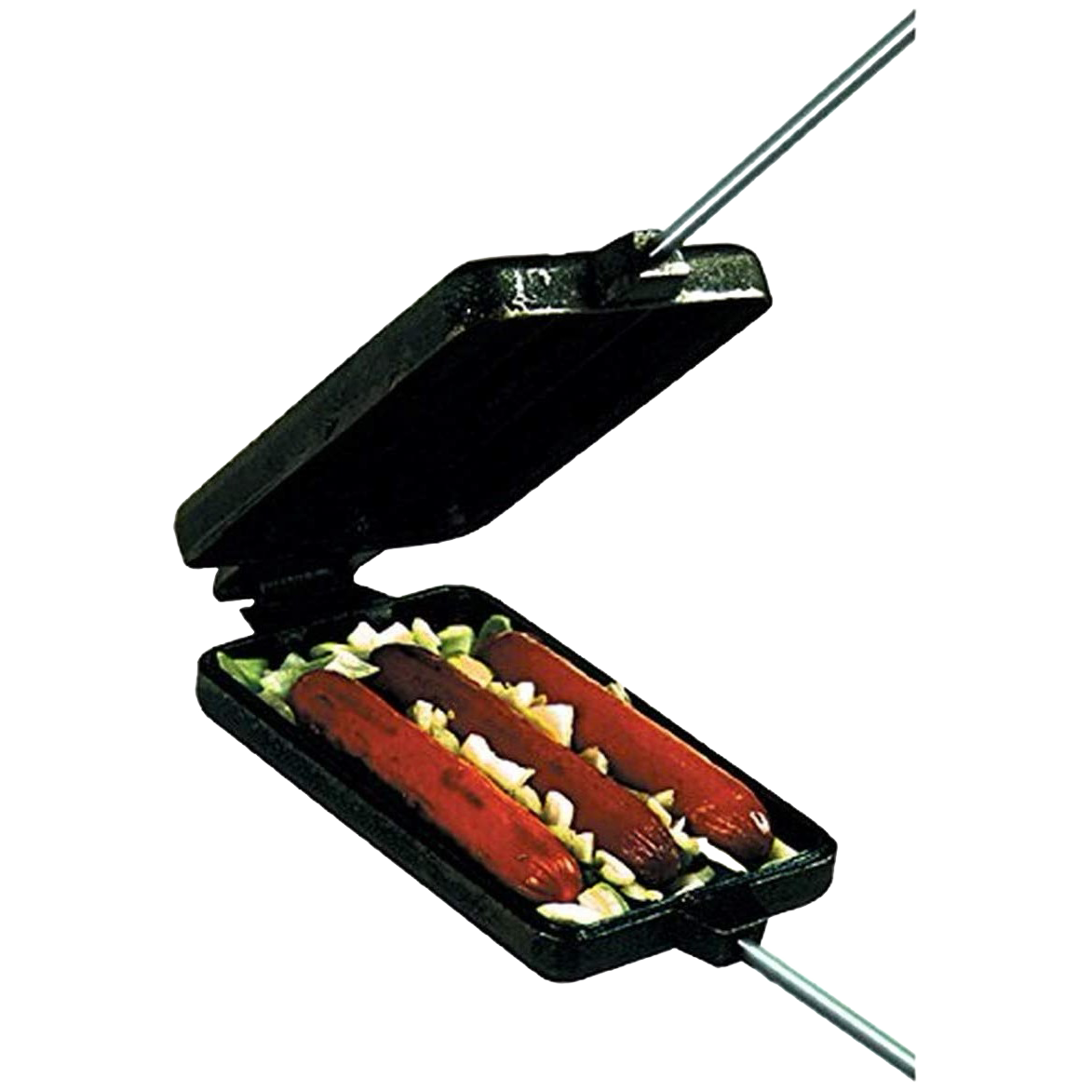 Handcrafted cast iron cooking iron with three hot dog-shaped compartments holding sausages and onions, featuring a metal handle with wood grips, ideal for Farm, Garden & Tool, Camping, Best Sellers, and Promo Eligible collections.