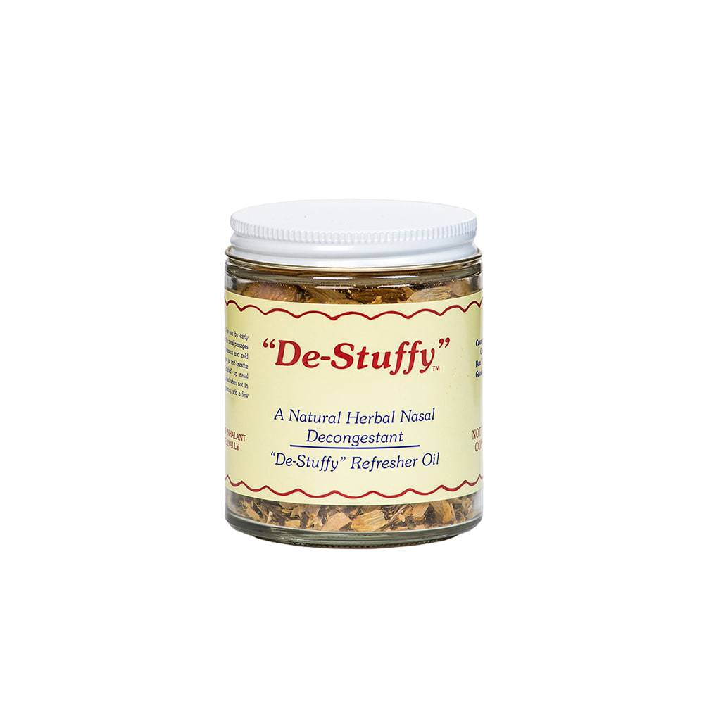 Clear glass jar of handcrafted all-natural herbal nasal decongestant with white lid and vintage-style label, part of Health & Wellness, USA Made, and Best Sellers collections.