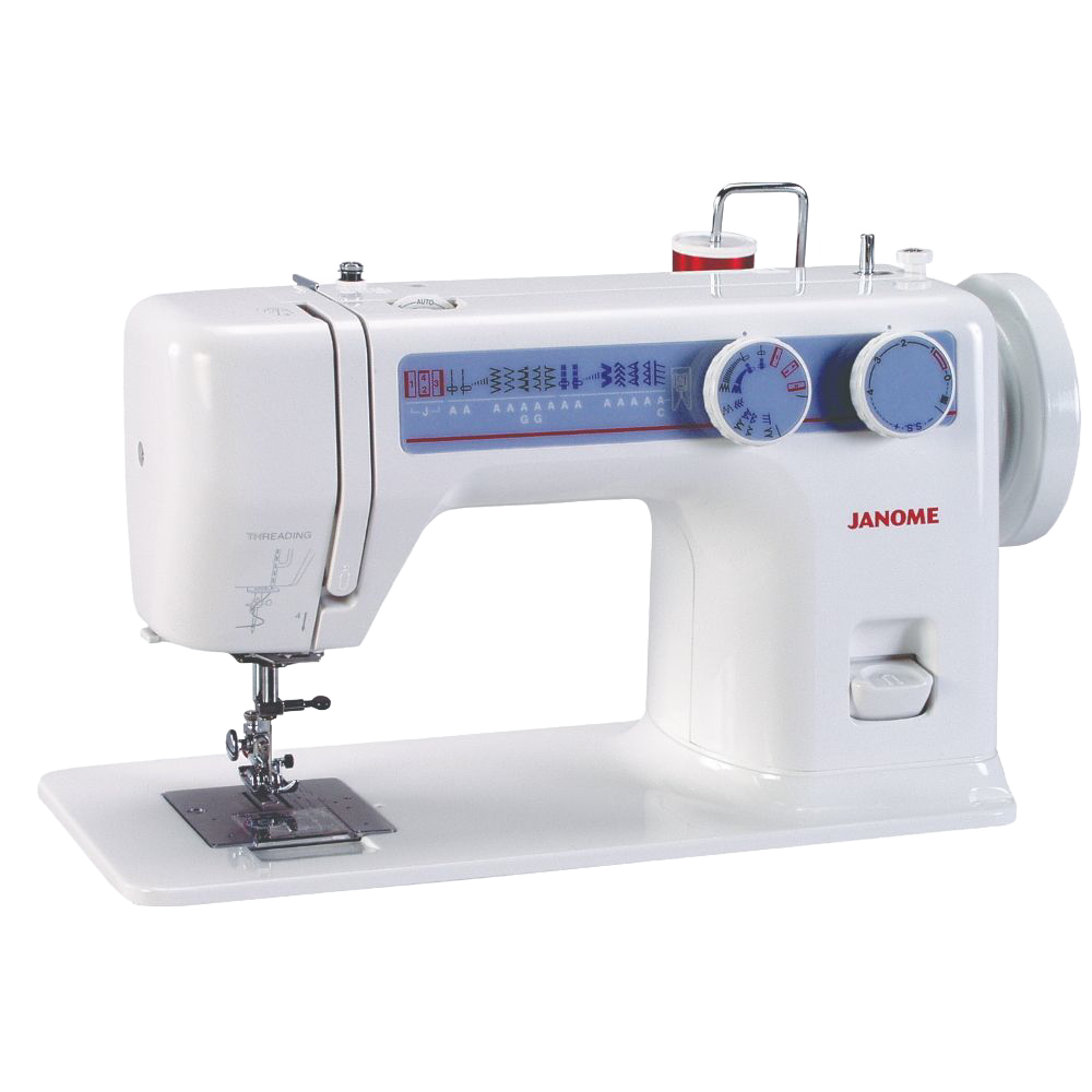 Compact white sewing machine with stitch pattern display and dial controls for stitch length and tension, designed for quilting and sewing tasks in Home & Decor and Indoor Furniture collections.