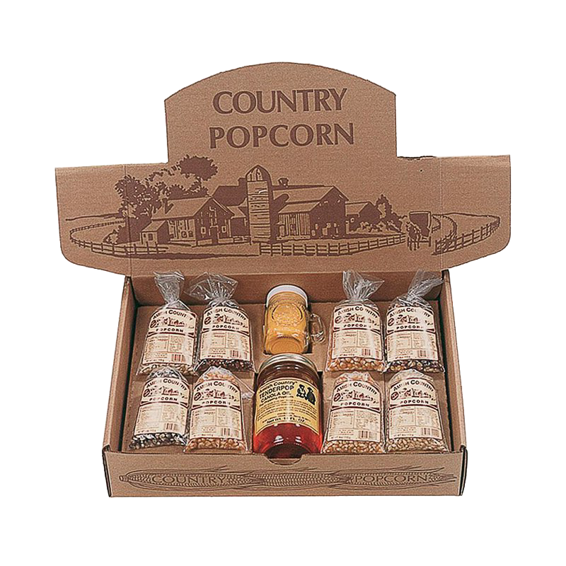Open box featuring eight small bags of handcrafted popcorn kernels and two jars of Amish-made seasoning and syrup, highlighting USA made quality for Kitchen & Food, Snacks and Sweets, Popcorn, Amish Made, and Best Sellers collections.