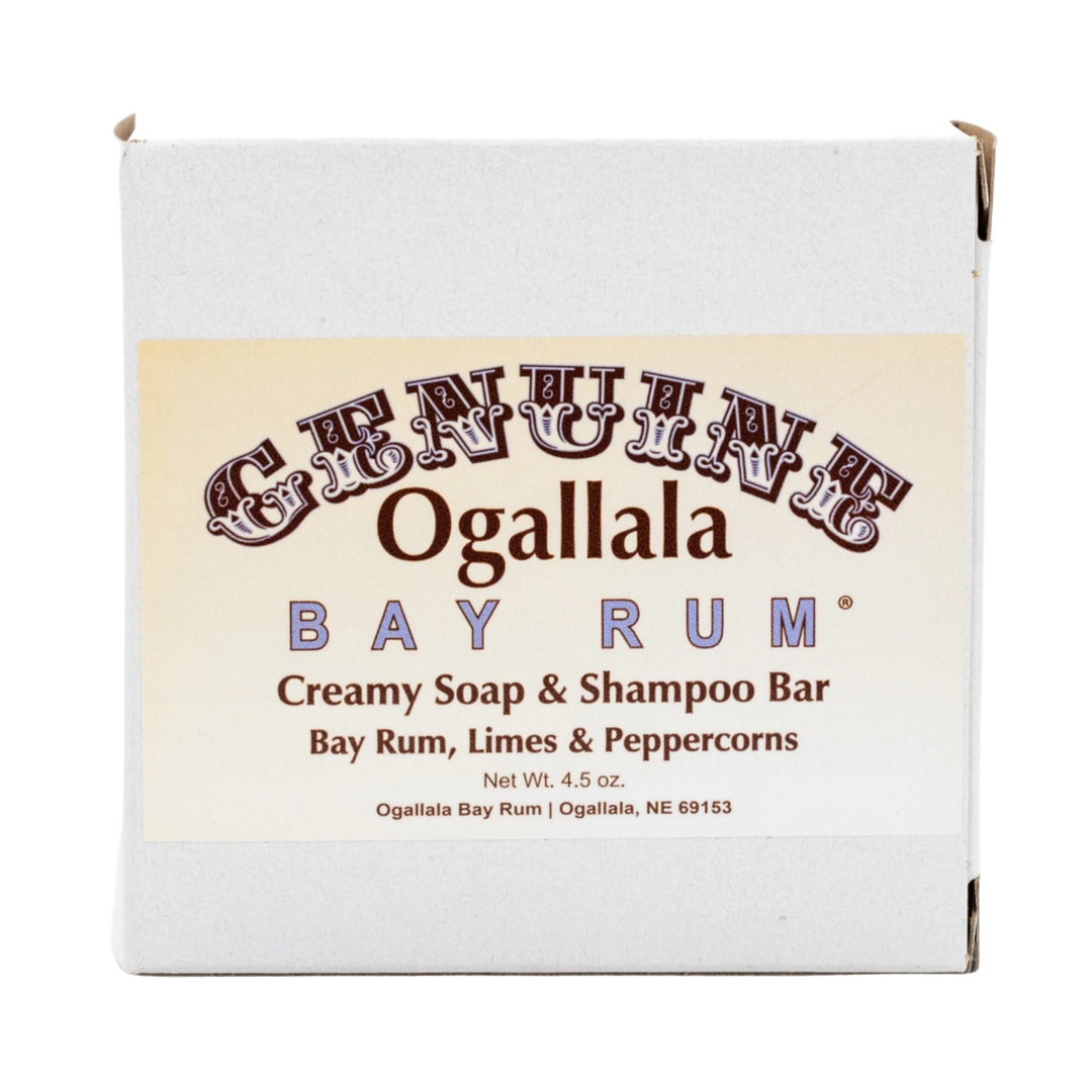 Handcrafted creamy Ogallala bay rum soap and shampoo bar made in USA, featuring a blend of bay rum, limes, and peppercorns, ideal for Health & Wellness and Grooming collections.