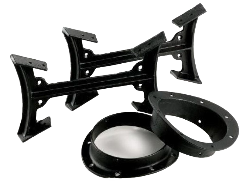 Set of cast iron components including a stand and pipe fittings for enhancing stove efficiency by adding a second barrel, featured in Stoves, Hearth Accessories, and Best Sellers collections.