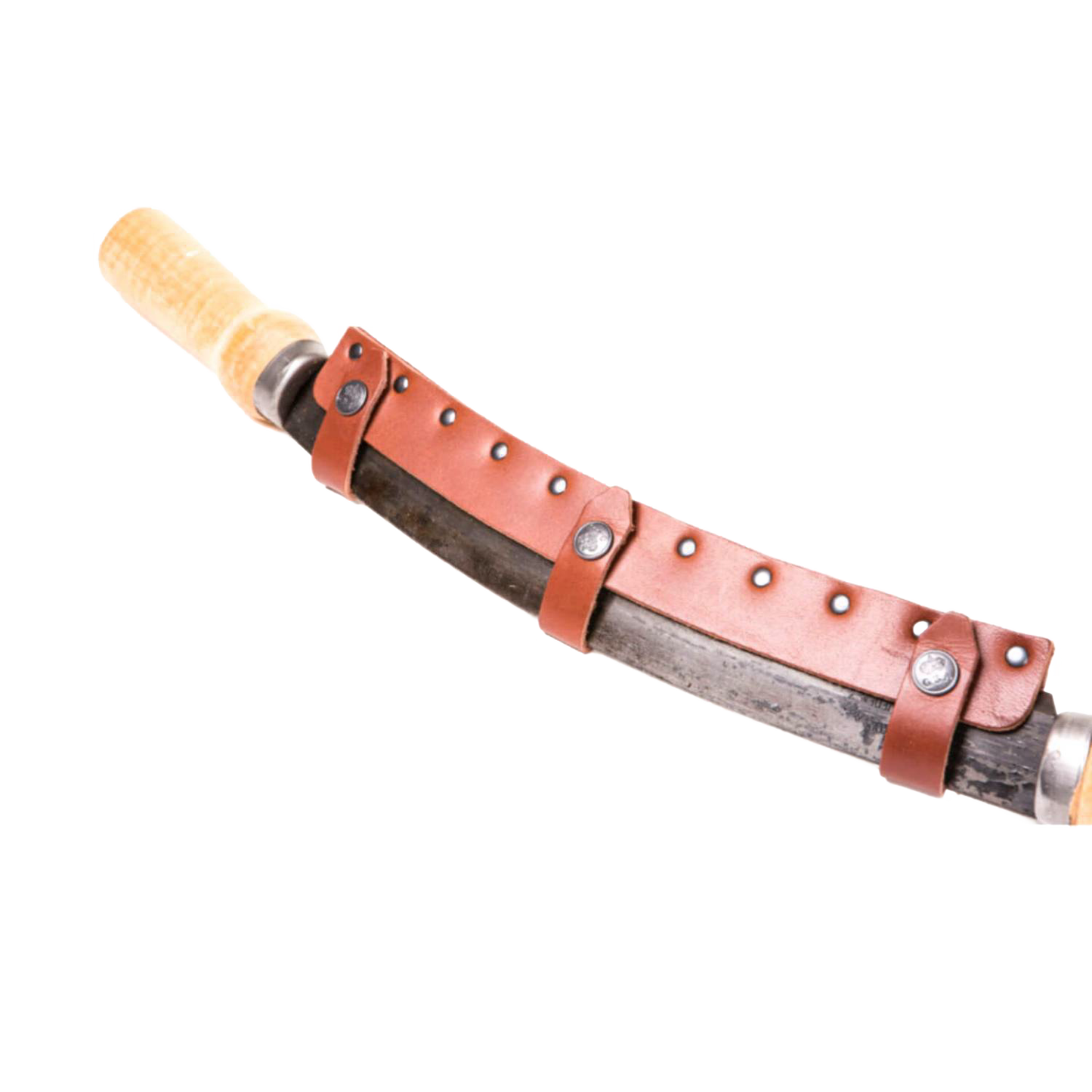 Handcrafted curved draw knife with a high-quality vegetable-tanned leather sheath and wooden handle, ideal for Farm, Garden & Tool and Wood Cutting and Hauling collections.
