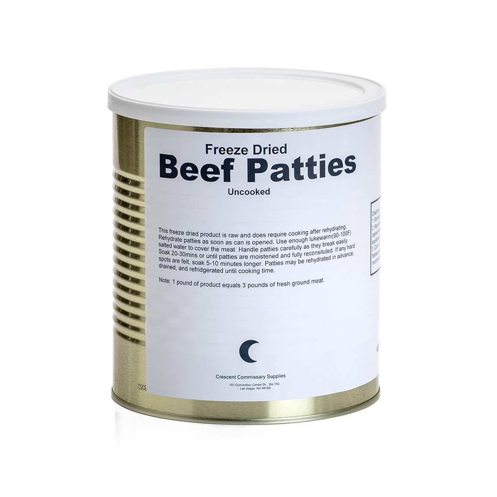 Cylindrical metal can of freeze-dried beef patties with a white lid and label, suitable for long-term emergency food storage in Kitchen & Food, Emergency Supplies, Freeze Dried, USA Made collections.