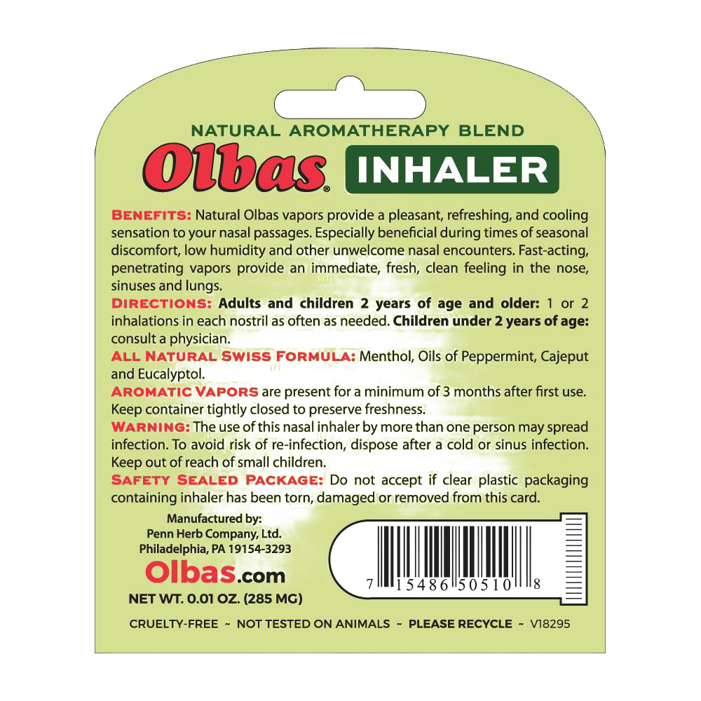 Packaging of an all-natural inhaler displaying product benefits, directions, safety warnings, and ingredients featuring essential oils, labeled for Health & Wellness and Health Remedies collections.