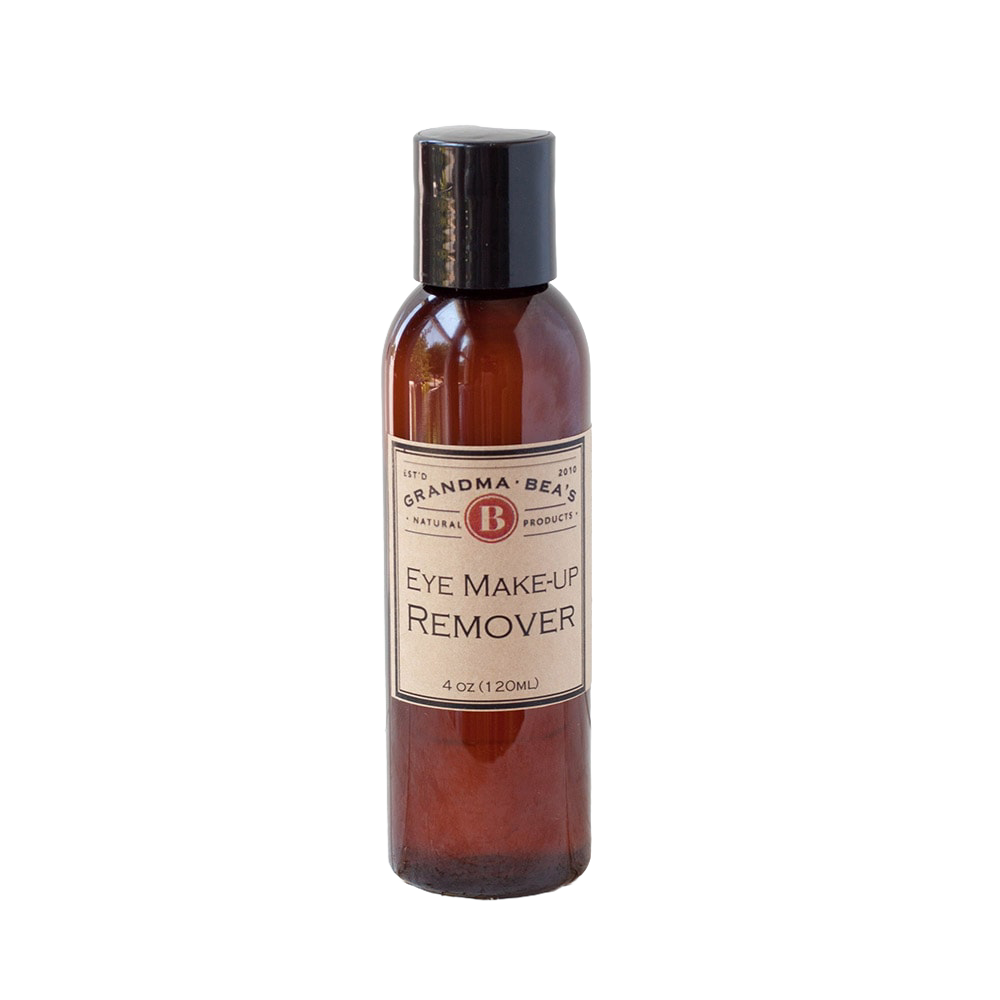 Amber bottle of handcrafted all-natural eye makeup remover with a black cap, featured in Health & Wellness, Grooming and Personal Hygiene, USA Made, and Best Sellers collections.