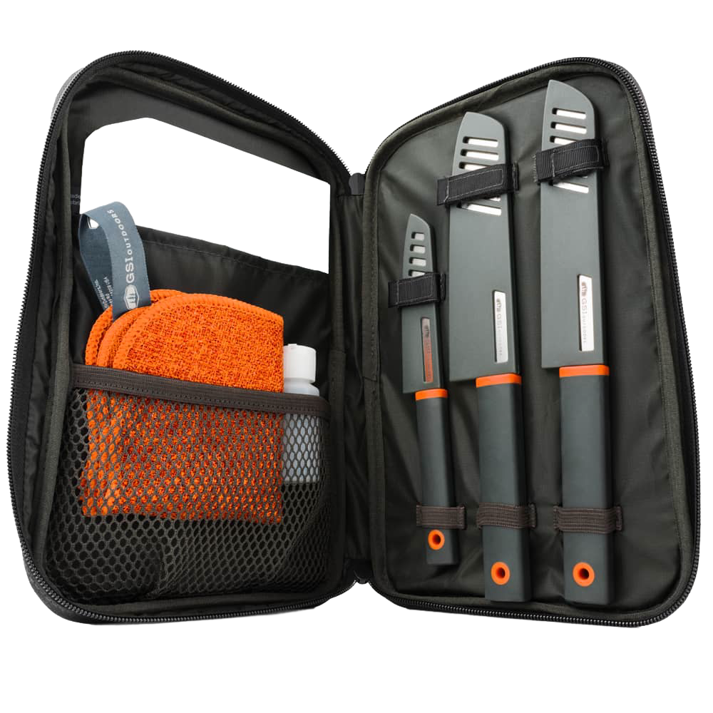 Compact camping knife set with three stainless blades secured in a black zippered case, including an orange and white cleaning cloth and soap bottle, designed for outdoor use.