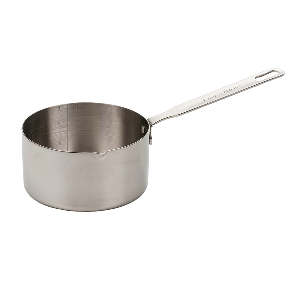 Heavy-duty stainless steel measuring pan with internal markings and long handle, suitable for stovetop use and food prep in Kitchen & Food, Cookware, Baking Supplies, Measuring, and Best Sellers collections.
