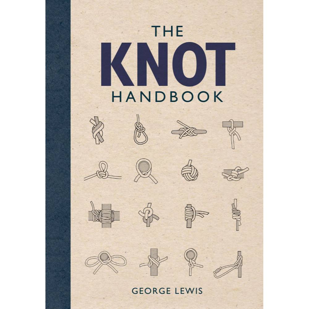 Book cover of The Knot Handbook by George Lewis, featuring simple line drawings of various knot styles on a beige textured background with a navy blue spine, part of Toys, Books & Games and Home and Garden How-To Books collections.