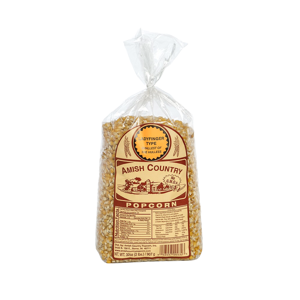 Clear plastic bag filled with small, golden ladyfinger popcorn kernels labeled Amish Country with a vintage-style brown design, featured in Kitchen & Food and Snacks and Sweets collections.
