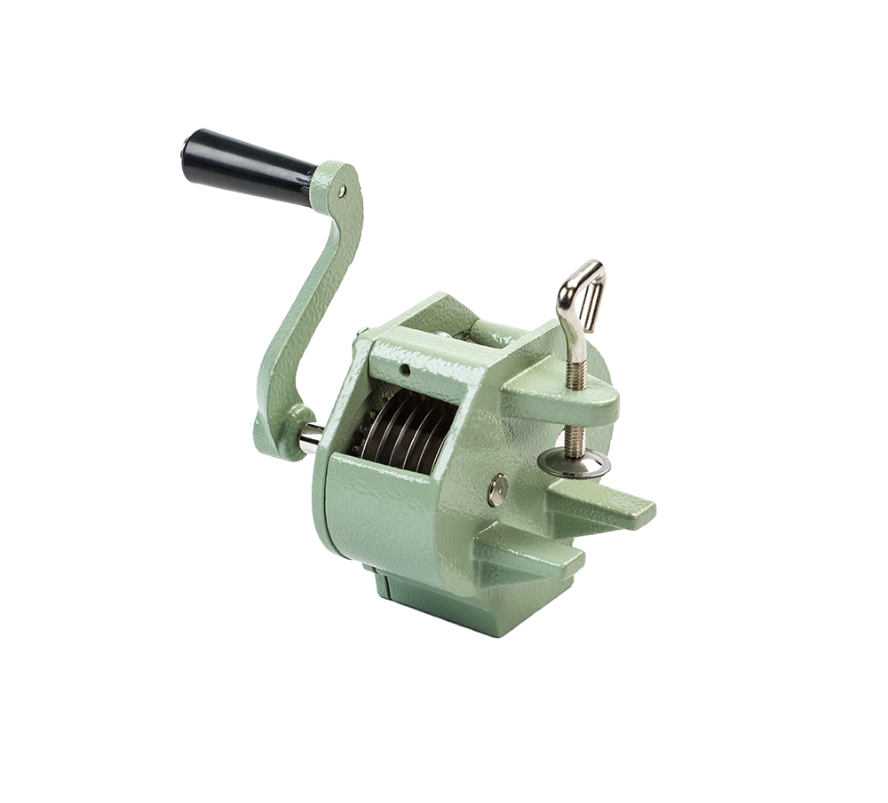 Sturdy hand-cranked kitchen gadget with stainless steel blades and aluminum body, clamps securely to surfaces, designed for precise food prep in Kitchen & Food and Best Sellers collections.