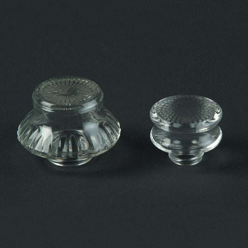 Set of two clear glass percolator tops in small and large sizes with textured designs, crafted for secure fit and durable use in Kitchen & Food, Brewing Coffee and Tea, and Best Sellers collections.