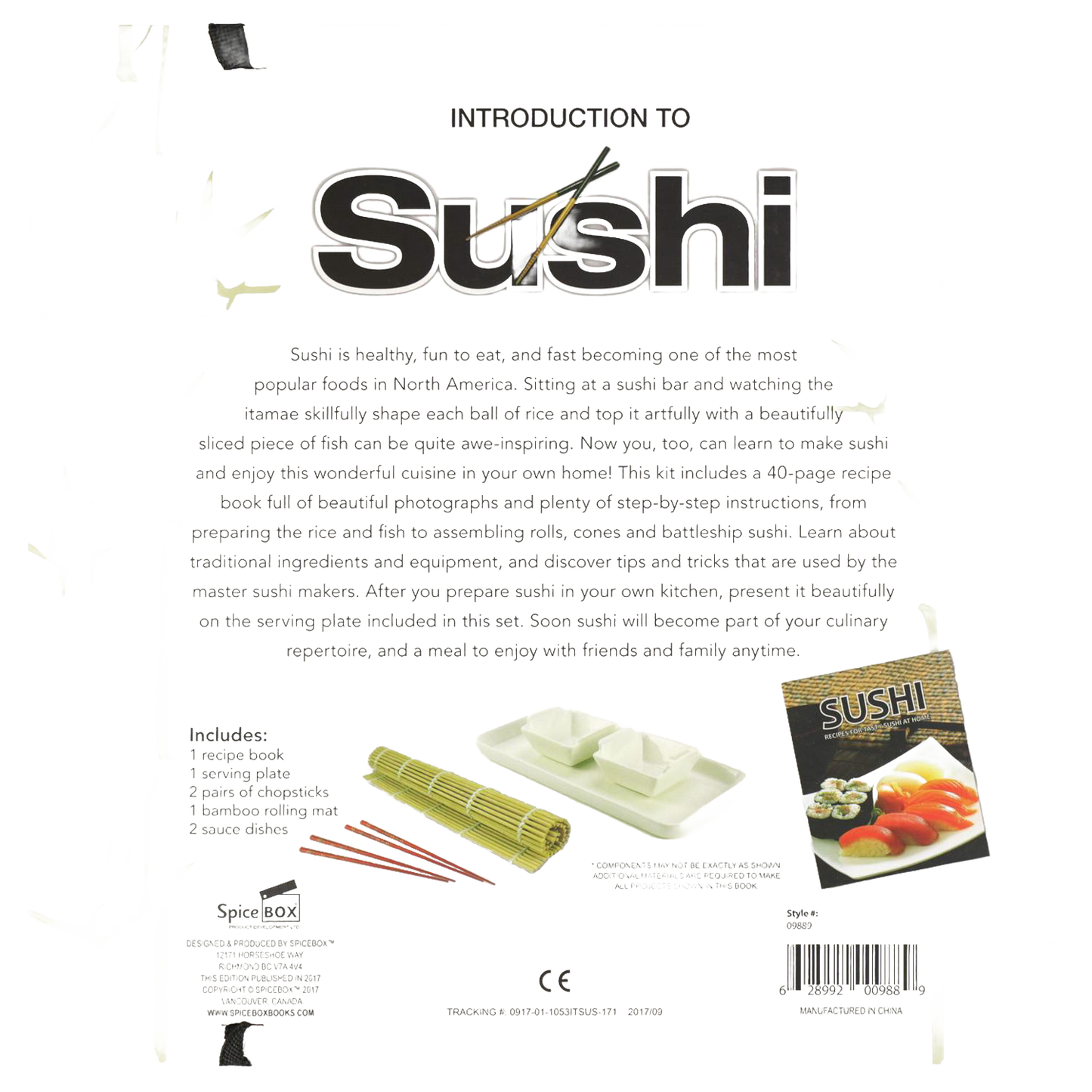 Set featuring bamboo rolling mat, ceramic serving plate with sauce dishes, chopsticks, and a recipe book, designed for Kitchen & Food, Cookbooks, and Dinnerware collections.