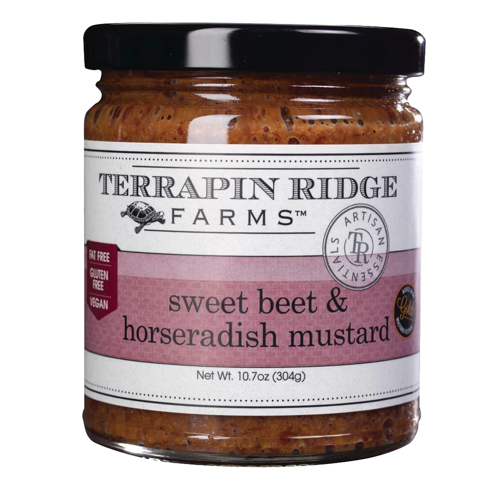 Handcrafted sweet beet and horseradish mustard in a glass jar, fat free, gluten free, and vegan, part of Kitchen & Food, Pantry, Gluten Free, USA Made, Best Sellers, and Promo Eligible collections.