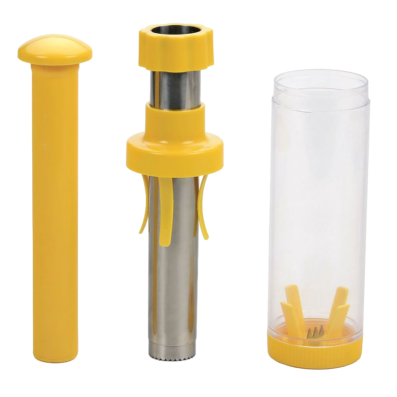 Handheld corn kernel remover with stainless steel blade, durable yellow plastic body, and clear collection cylinder, designed for easy food preservation in Kitchen & Food and Freezing collections.