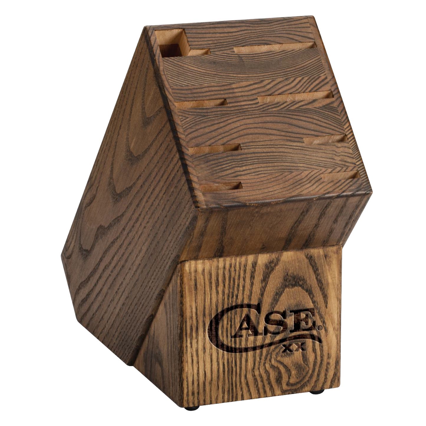 Handcrafted wooden knife block with multiple slots, featuring natural walnut grain and branded engraving, designed for organized kitchen storage in USA Made and Food Prep collections.