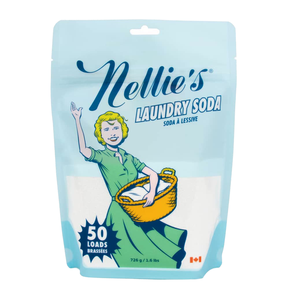 Packaging of Nellie's all-natural laundry soda for 50 loads with vintage-style illustration and powder visible inside, featured in Laundry Supplies and Best Sellers collections.
