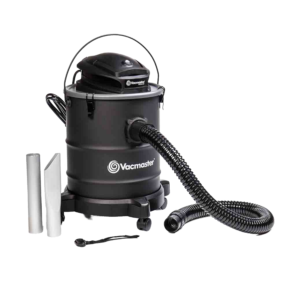 Portable electric ash vacuum with flexible hose, aluminum extension tubes, and wheeled base, ideal for hearth accessories and stove cleaning in home and hearth collections.
