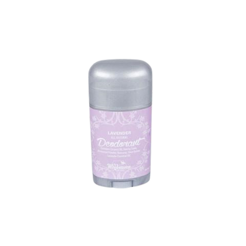 Handcrafted lavender scented deodorant stick made with beeswax, shea butter, coconut oil, and baking soda, aluminum-free, made in USA, featured in Health & Wellness and Grooming collections.