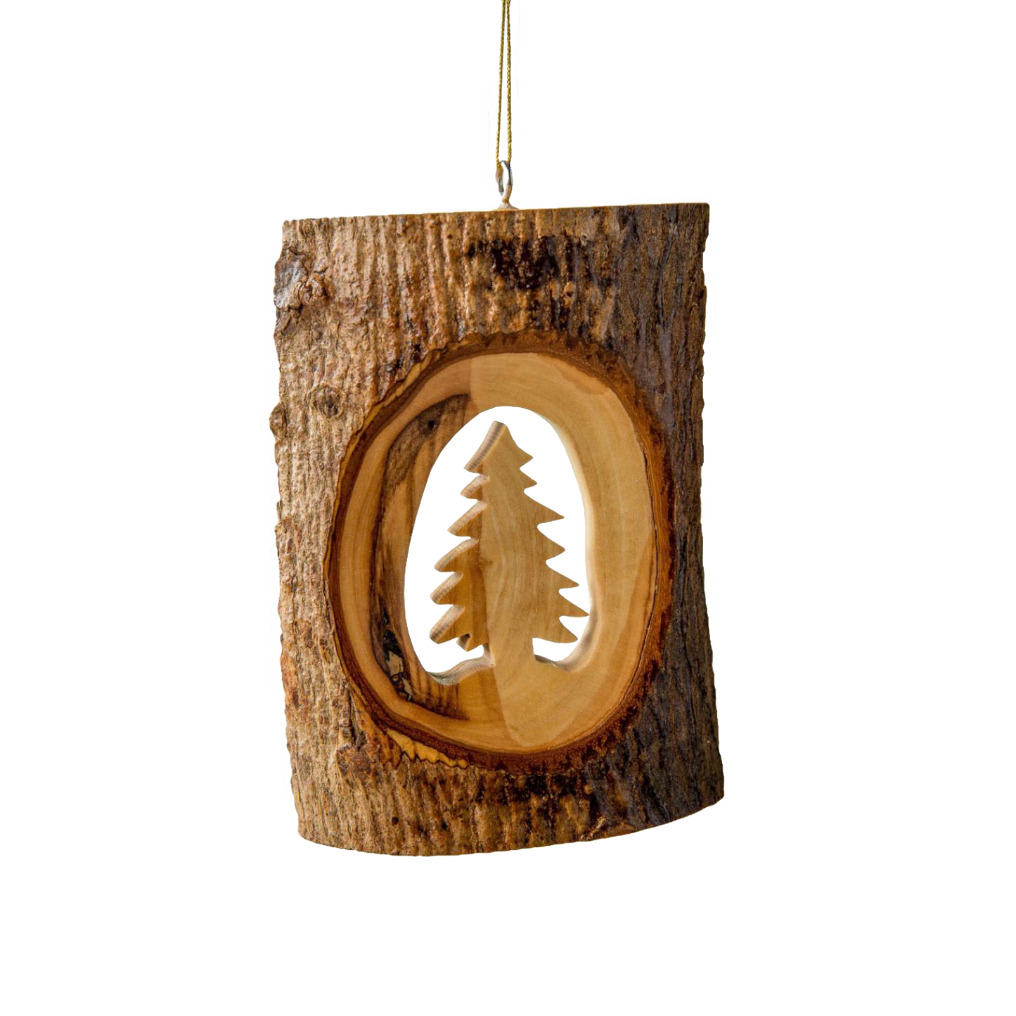 Handcrafted olive wood ornament featuring a natural bark slice with a carved Christmas tree silhouette, perfect for holiday decor and home accents.