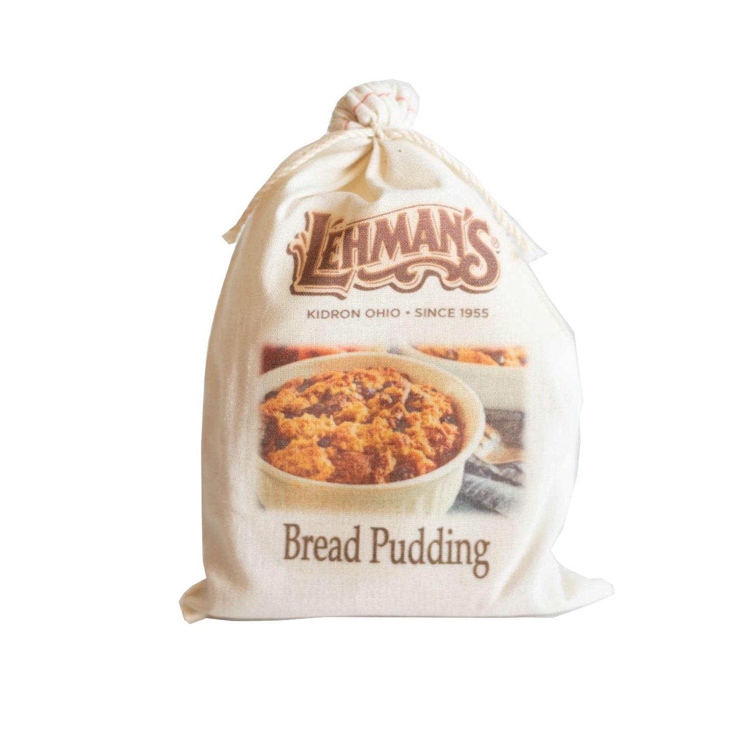 Natural fabric drawstring bag featuring Amish handcrafted bread pudding mix with rustic Lehman’s branding, ideal for Kitchen & Food, Pantry, Dry Goods and Mixes, Best Sellers, Promo Eligible collections.