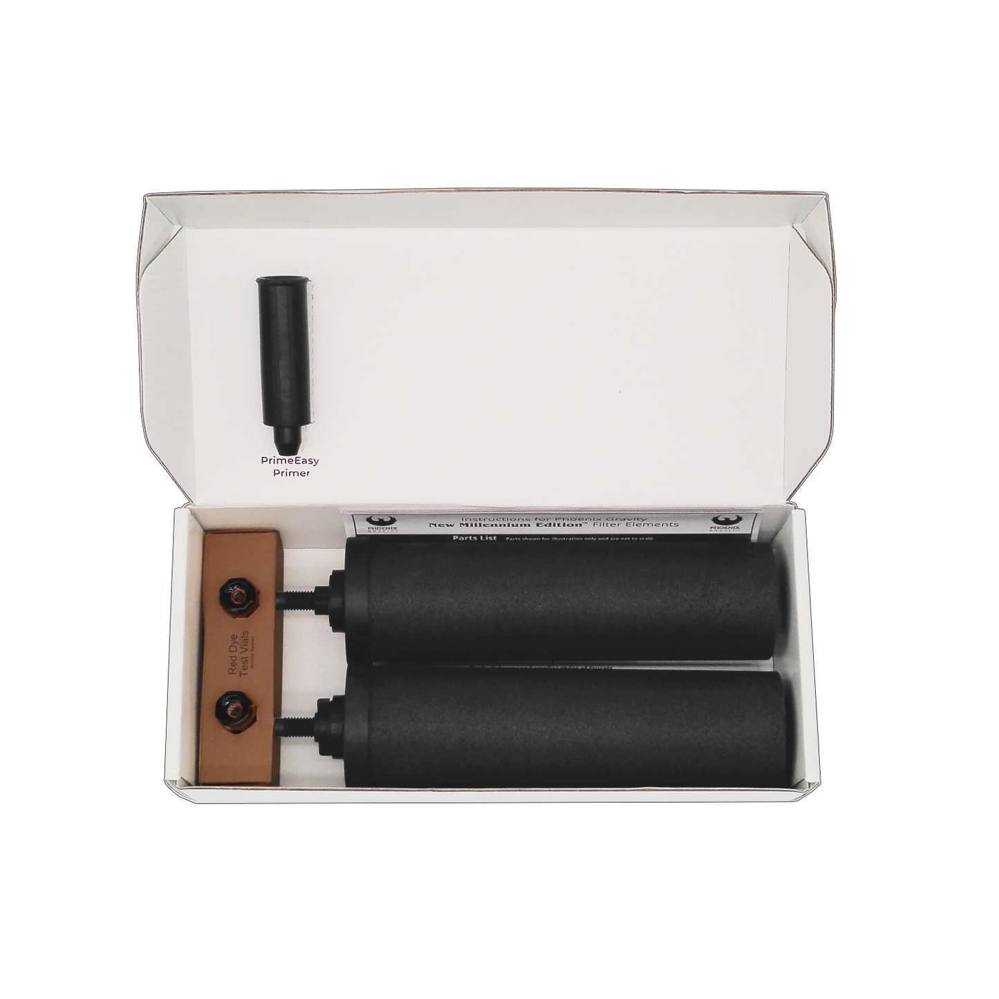 Two black synthetic water filter elements and primer in white open packaging box, suitable for Appliances, Water Heating and Treatment, Berkey Water Filters, Best Sellers, Promo Eligible collections.